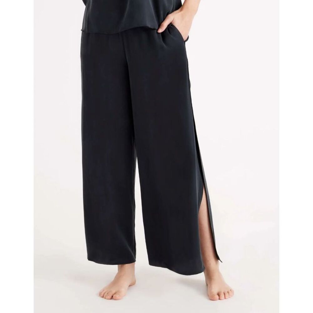 Quince Black Wide-Leg Satin Lounge Pants